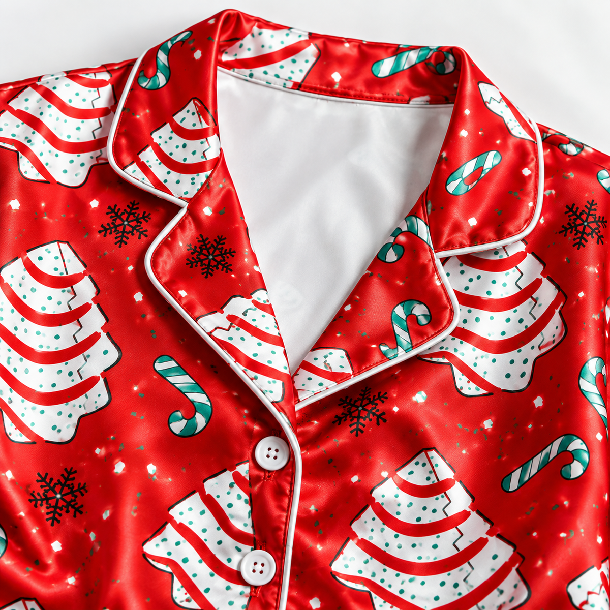 PJ-M2210-Christmas Tree Satin Pajama Set with Candy Canes Snowflakes and Festive Red Holiday Pattern for Cozy Sleepwear