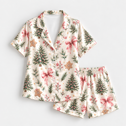 PJ-M2212-Christmas Pajama Set, Pink Bow Christmas Tree Pajamas, Gingerbread Botanical Holiday Sleepwear, Elegant Festive Winter PJs