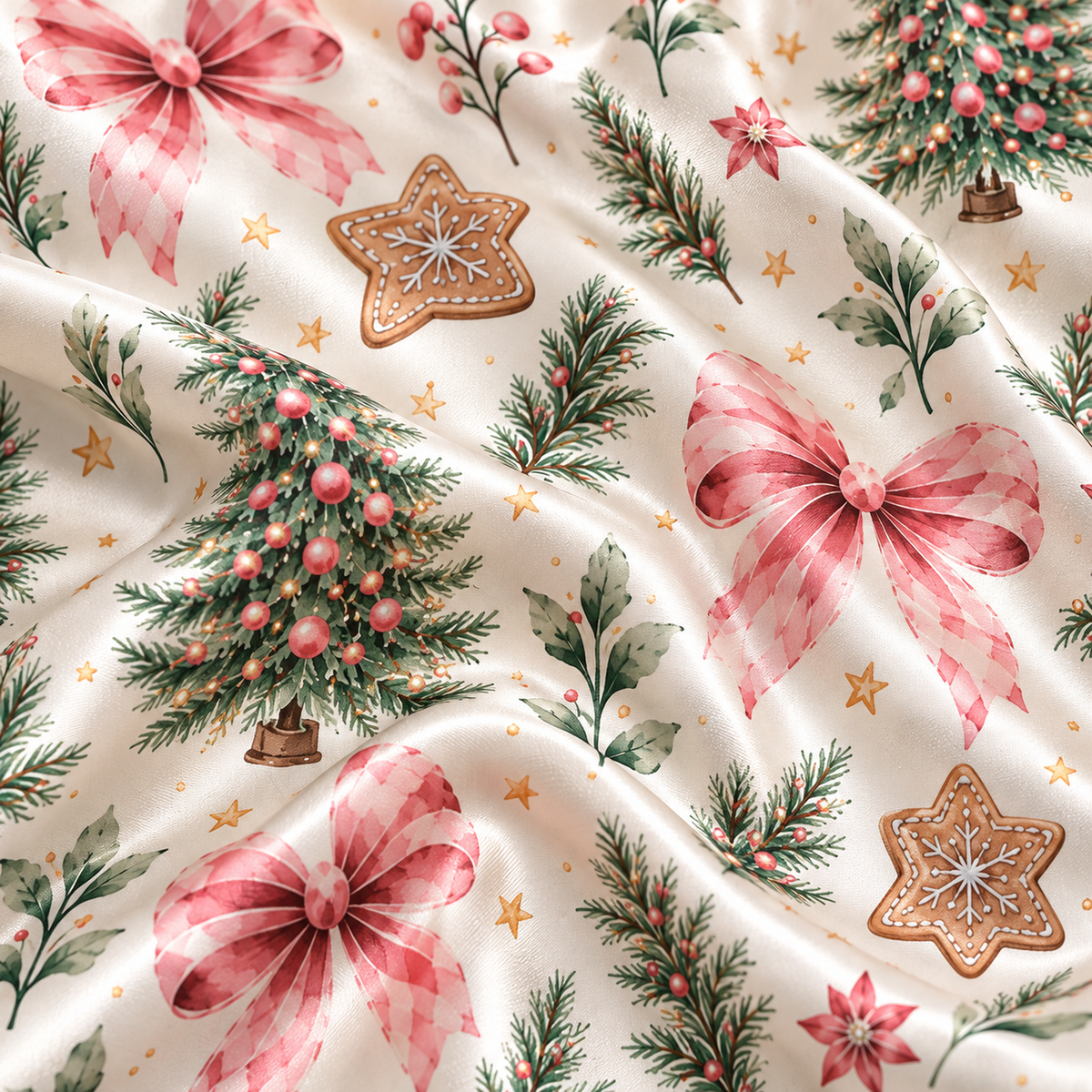 PJ-M2212-Christmas Pajama Set, Pink Bow Christmas Tree Pajamas, Gingerbread Botanical Holiday Sleepwear, Elegant Festive Winter PJs