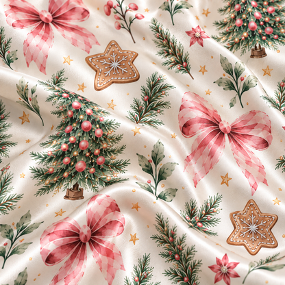 PJ-M2212-Christmas Pajama Set, Pink Bow Christmas Tree Pajamas, Gingerbread Botanical Holiday Sleepwear, Elegant Festive Winter PJs