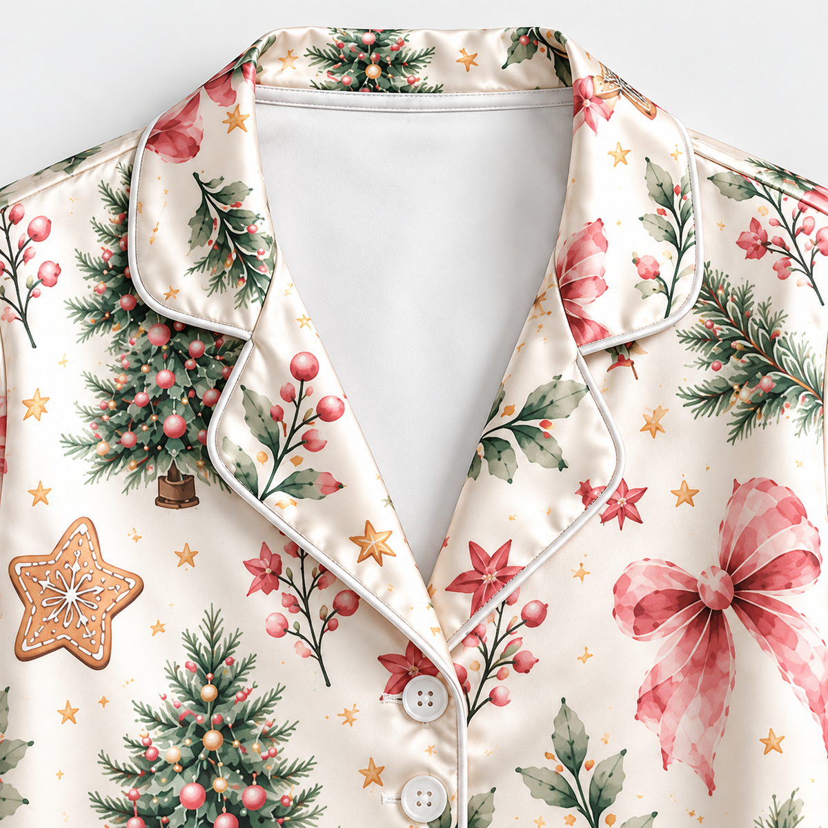 PJ-M2212-Christmas Pajama Set, Pink Bow Christmas Tree Pajamas, Gingerbread Botanical Holiday Sleepwear, Elegant Festive Winter PJs