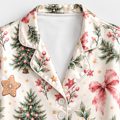 PJ-M2212-Christmas Pajama Set, Pink Bow Christmas Tree Pajamas, Gingerbread Botanical Holiday Sleepwear, Elegant Festive Winter PJs