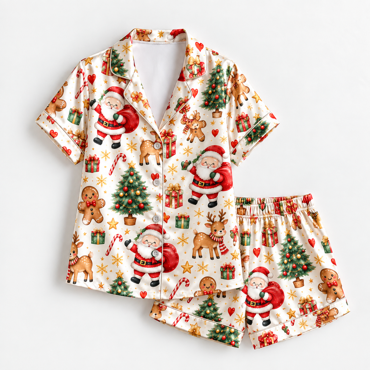 PJ-M2213-Christmas Pajama Set, Santa Gingerbread Pajamas, Reindeer Christmas Tree Candy Cane Sleepwear, Festive Holiday Gift PJs