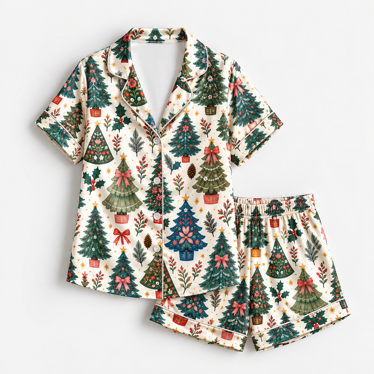 PJ-M2214-Christmas Pajama Set, Vintage Christmas Tree Pajamas, Holiday Bow Pine Tree Sleepwear, Retro Botanical Festive Christmas PJs