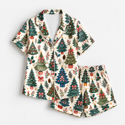 PJ-M2214-Christmas Pajama Set, Vintage Christmas Tree Pajamas, Holiday Bow Pine Tree Sleepwear, Retro Botanical Festive Christmas PJs
