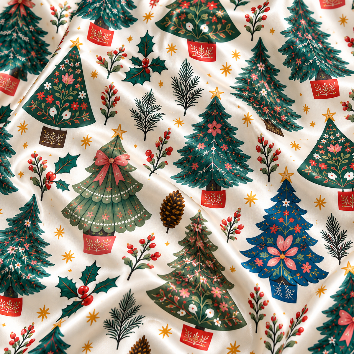 PJ-M2214-Christmas Pajama Set, Vintage Christmas Tree Pajamas, Holiday Bow Pine Tree Sleepwear, Retro Botanical Festive Christmas PJs