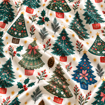 PJ-M2214-Christmas Pajama Set, Vintage Christmas Tree Pajamas, Holiday Bow Pine Tree Sleepwear, Retro Botanical Festive Christmas PJs