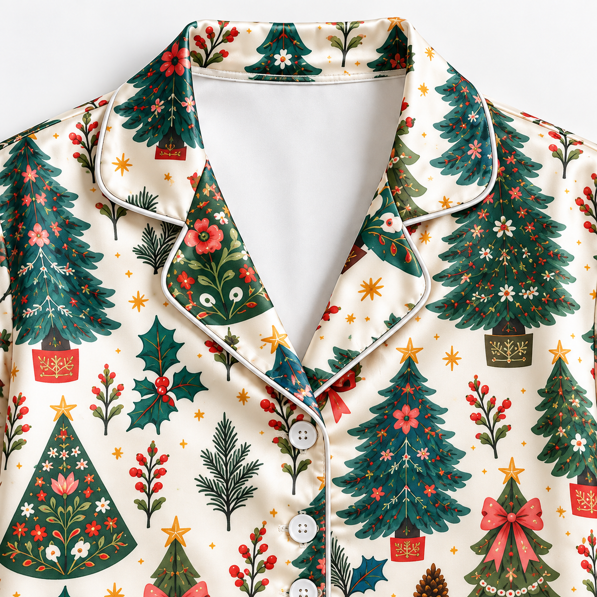 PJ-M2214-Christmas Pajama Set, Vintage Christmas Tree Pajamas, Holiday Bow Pine Tree Sleepwear, Retro Botanical Festive Christmas PJs