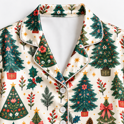 PJ-M2214-Christmas Pajama Set, Vintage Christmas Tree Pajamas, Holiday Bow Pine Tree Sleepwear, Retro Botanical Festive Christmas PJs