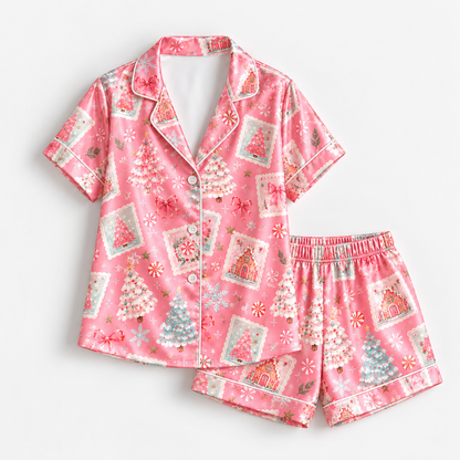 PJ-M2215-Pink Christmas Pajama Set, Holiday Stamp Christmas Tree Pajamas, Candy Cane Snowflake Sleepwear, Pastel Festive Christmas PJs