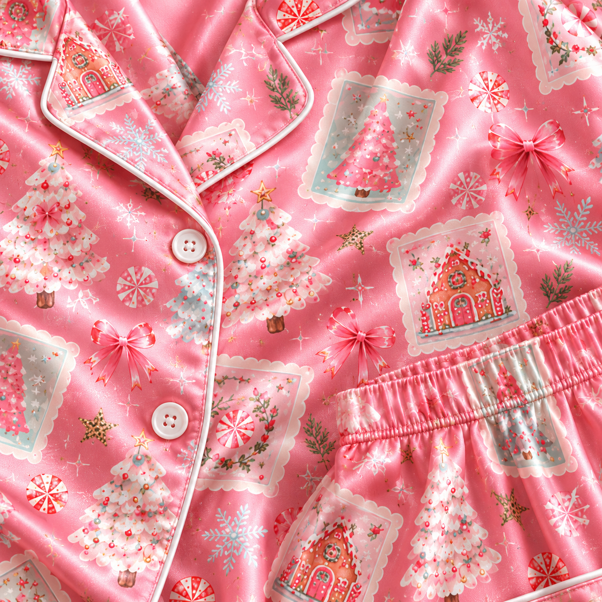 PJ-M2215-Pink Christmas Pajama Set, Holiday Stamp Christmas Tree Pajamas, Candy Cane Snowflake Sleepwear, Pastel Festive Christmas PJs