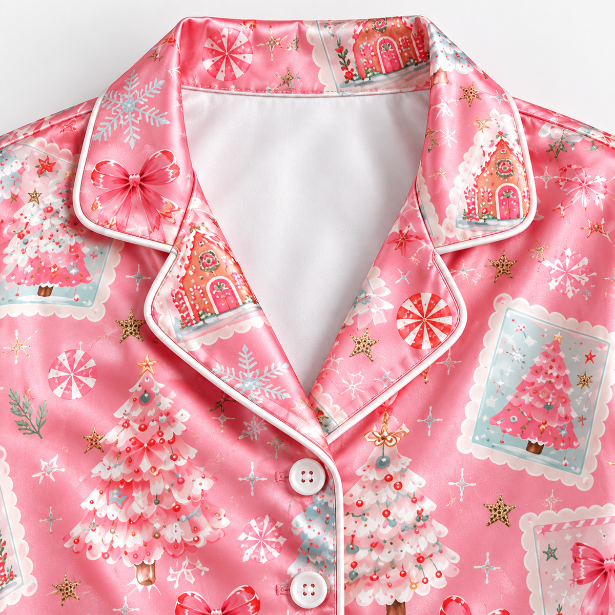 PJ-M2215-Pink Christmas Pajama Set, Holiday Stamp Christmas Tree Pajamas, Candy Cane Snowflake Sleepwear, Pastel Festive Christmas PJs