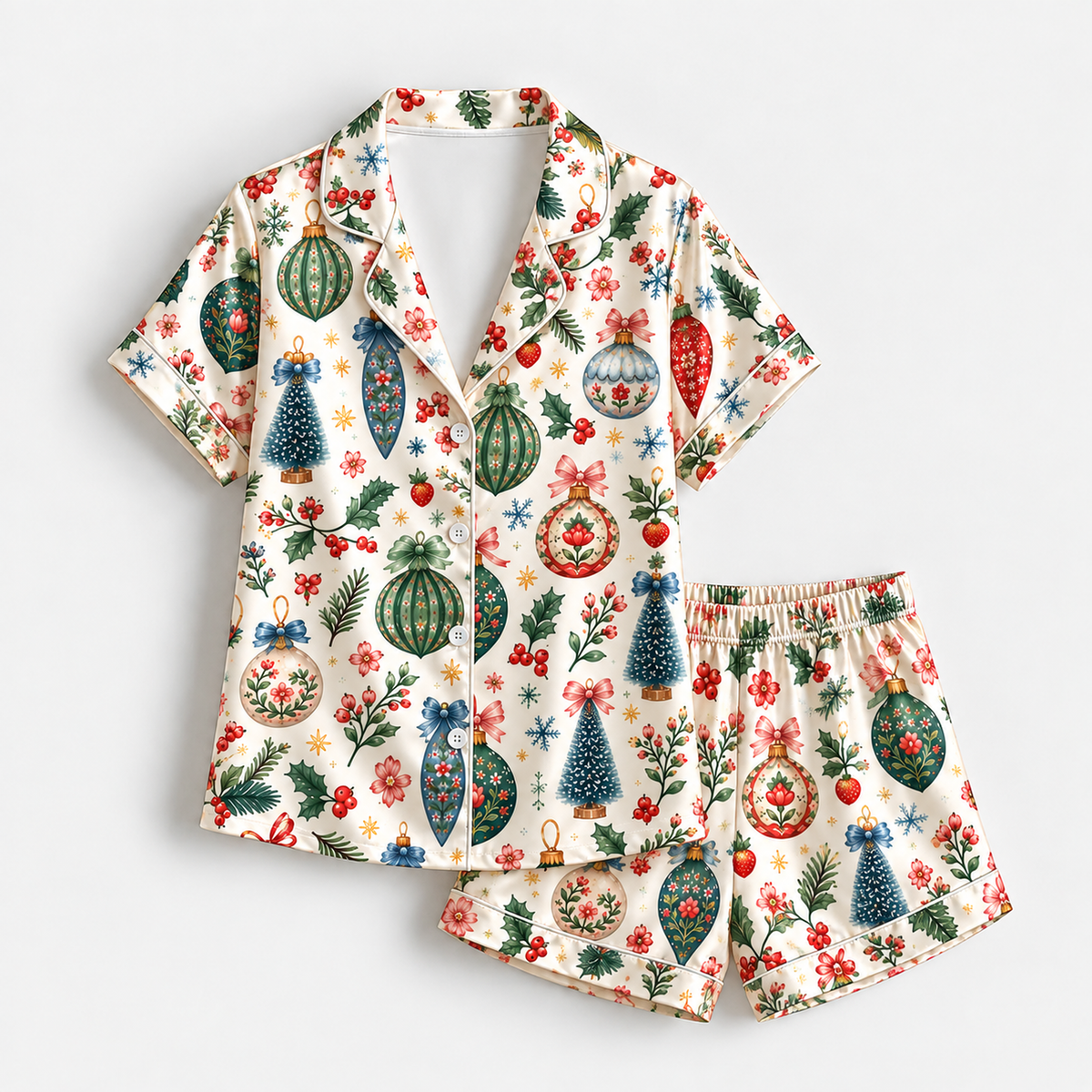 PJ-M2216-Christmas Pajama Set, Vintage Ornament Holiday Pajamas, Christmas Tree Floral Bauble Sleepwear, Festive Botanical Christmas PJs