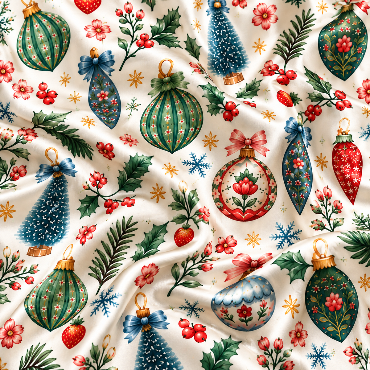 PJ-M2216-Christmas Pajama Set, Vintage Ornament Holiday Pajamas, Christmas Tree Floral Bauble Sleepwear, Festive Botanical Christmas PJs