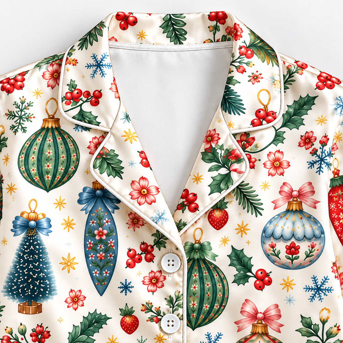 PJ-M2216-Christmas Pajama Set, Vintage Ornament Holiday Pajamas, Christmas Tree Floral Bauble Sleepwear, Festive Botanical Christmas PJs