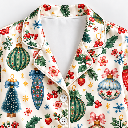 PJ-M2216-Christmas Pajama Set, Vintage Ornament Holiday Pajamas, Christmas Tree Floral Bauble Sleepwear, Festive Botanical Christmas PJs
