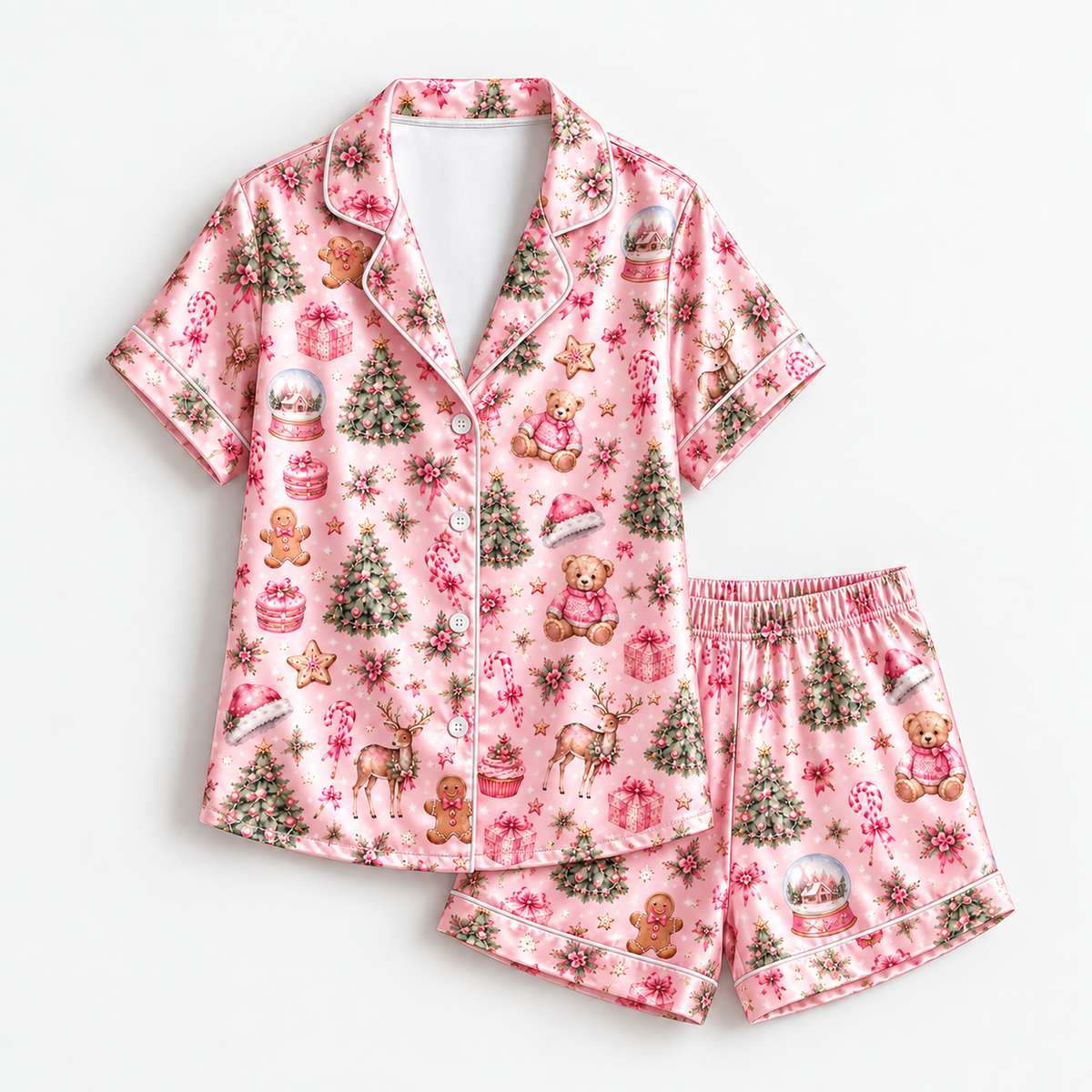 PJ-M2218-Pink Christmas Pajama Set, Christmas Tree Teddy Bear Pajamas, Gingerbread Snow Globe Holiday Sleepwear, Vintage Festive PJs