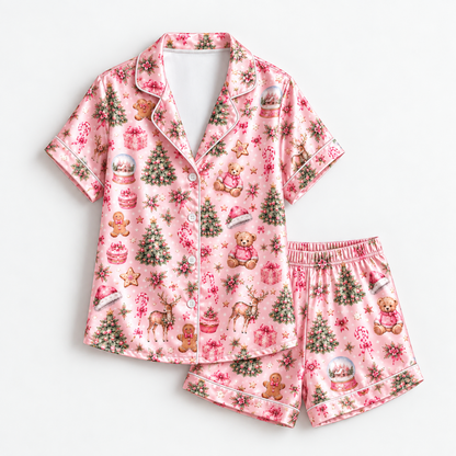 PJ-M2218-Pink Christmas Pajama Set, Christmas Tree Teddy Bear Pajamas, Gingerbread Snow Globe Holiday Sleepwear, Vintage Festive PJs