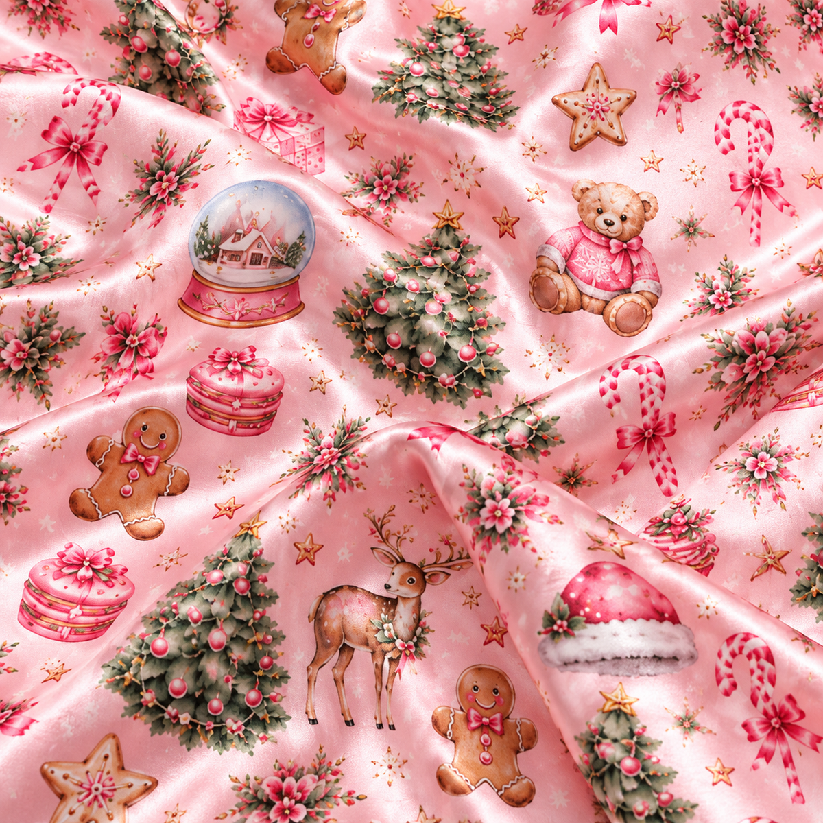 PJ-M2218-Pink Christmas Pajama Set, Christmas Tree Teddy Bear Pajamas, Gingerbread Snow Globe Holiday Sleepwear, Vintage Festive PJs