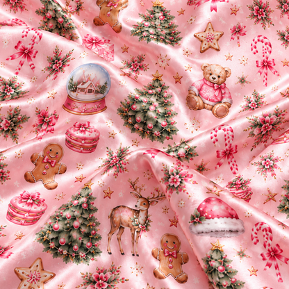 PJ-M2218-Pink Christmas Pajama Set, Christmas Tree Teddy Bear Pajamas, Gingerbread Snow Globe Holiday Sleepwear, Vintage Festive PJs