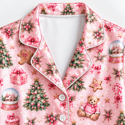 PJ-M2218-Pink Christmas Pajama Set, Christmas Tree Teddy Bear Pajamas, Gingerbread Snow Globe Holiday Sleepwear, Vintage Festive PJs