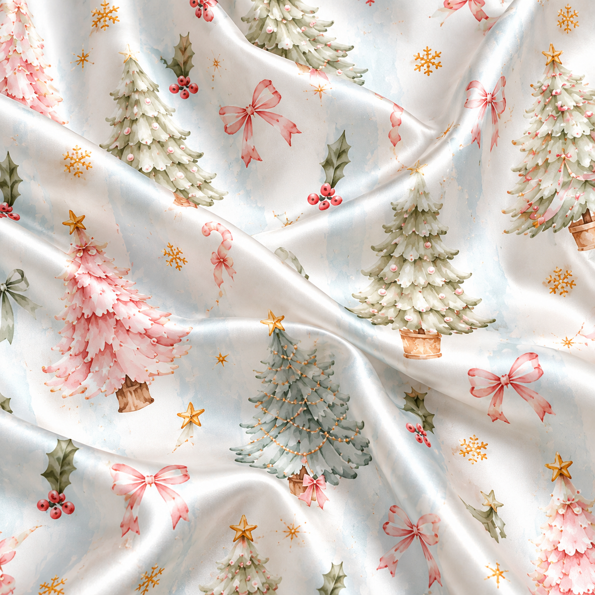 PJ-M2219-Christmas Pajama Set, Pastel Christmas Tree Pajamas, Pink Bow Holiday Sleepwear, Whimsical Winter Tree Festive PJs