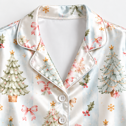 PJ-M2219-Christmas Pajama Set, Pastel Christmas Tree Pajamas, Pink Bow Holiday Sleepwear, Whimsical Winter Tree Festive PJs
