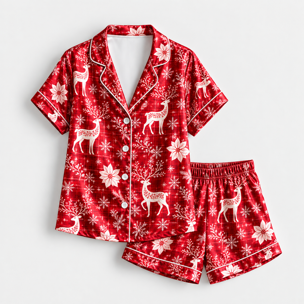 PJ-M2220-Christmas Pajama Set, Reindeer Snowflake Pajamas, Red Winter Floral Holiday Sleepwear, Elegant Festive Christmas PJs