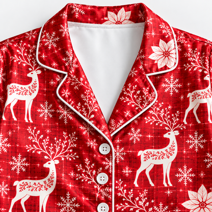 PJ-M2220-Christmas Pajama Set, Reindeer Snowflake Pajamas, Red Winter Floral Holiday Sleepwear, Elegant Festive Christmas PJs