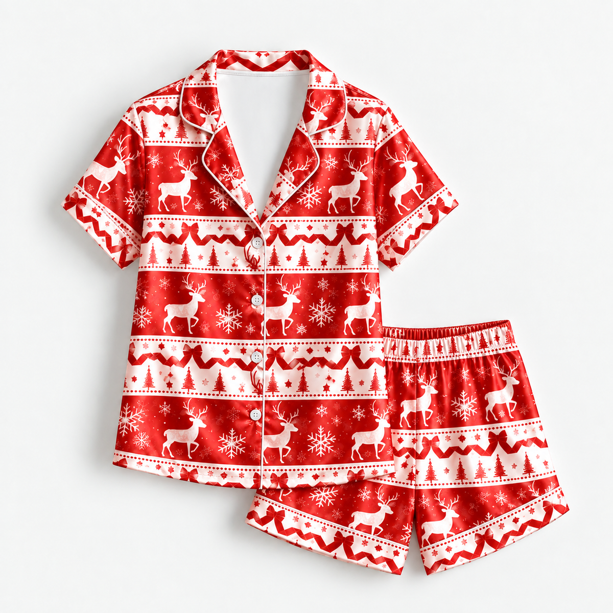 PJ-M2225-Christmas Pajama Set, Reindeer Snowflake Pajamas, Red Nordic Holiday Sleepwear, Scandinavian Christmas Pattern Festive PJs