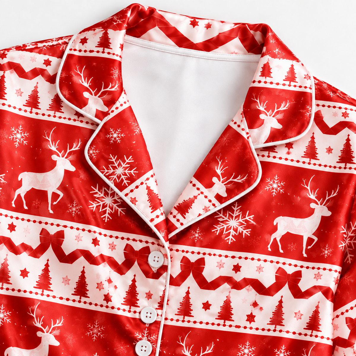 PJ-M2225-Christmas Pajama Set, Reindeer Snowflake Pajamas, Red Nordic Holiday Sleepwear, Scandinavian Christmas Pattern Festive PJs