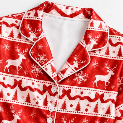 PJ-M2225-Christmas Pajama Set, Reindeer Snowflake Pajamas, Red Nordic Holiday Sleepwear, Scandinavian Christmas Pattern Festive PJs