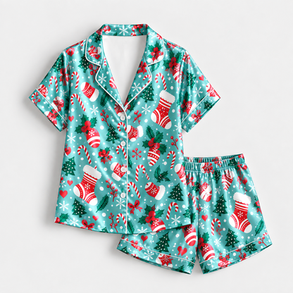PJ-M2226-Christmas Pajama Set, Stocking Candy Cane Pajamas, Aqua Holiday Tree Ornament Sleepwear, Festive Christmas Morning PJs