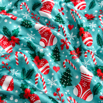 PJ-M2226-Christmas Pajama Set, Stocking Candy Cane Pajamas, Aqua Holiday Tree Ornament Sleepwear, Festive Christmas Morning PJs