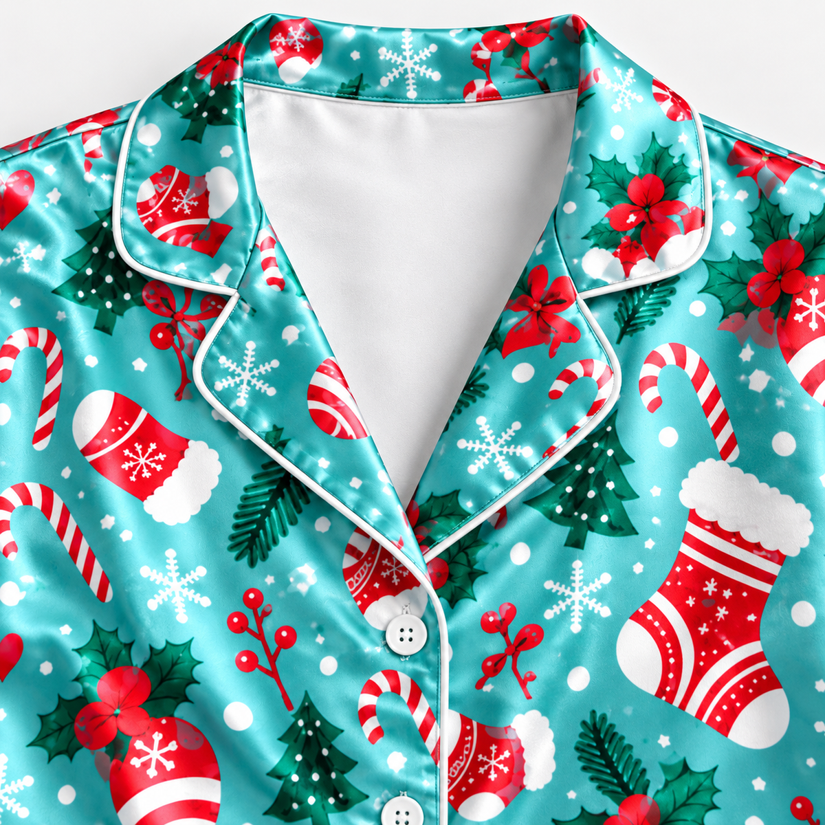 PJ-M2226-Christmas Pajama Set, Stocking Candy Cane Pajamas, Aqua Holiday Tree Ornament Sleepwear, Festive Christmas Morning PJs