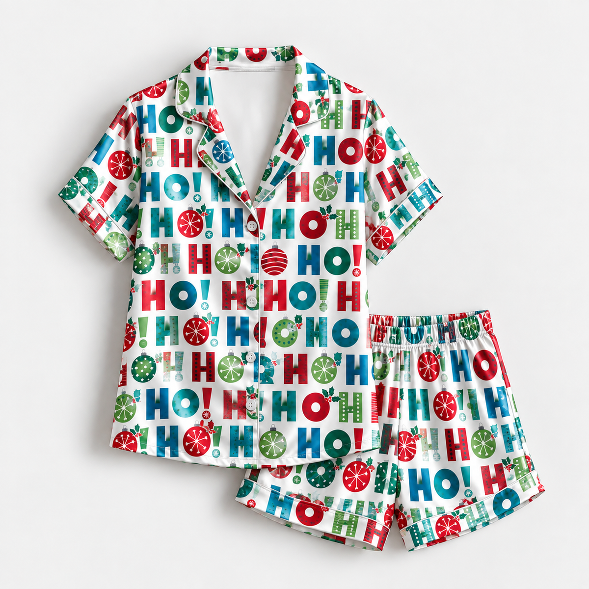 PJ-M2227-Christmas Pajama Set, Colorful Ho Ho Ho Holiday Pajamas, Festive Ornament Candy Cane Sleepwear, Christmas Morning Family PJs