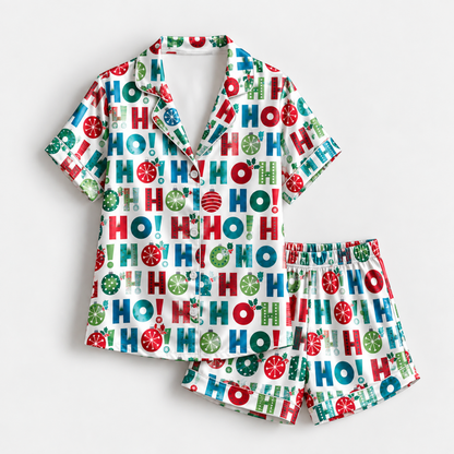 PJ-M2227-Christmas Pajama Set, Colorful Ho Ho Ho Holiday Pajamas, Festive Ornament Candy Cane Sleepwear, Christmas Morning Family PJs