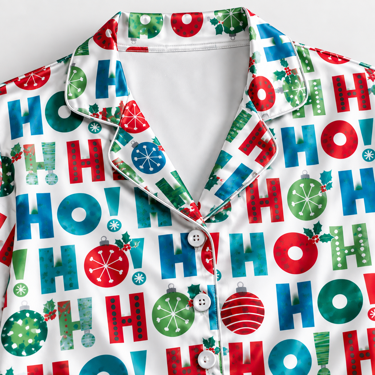 PJ-M2227-Christmas Pajama Set, Colorful Ho Ho Ho Holiday Pajamas, Festive Ornament Candy Cane Sleepwear, Christmas Morning Family PJs