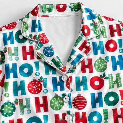 PJ-M2227-Christmas Pajama Set, Colorful Ho Ho Ho Holiday Pajamas, Festive Ornament Candy Cane Sleepwear, Christmas Morning Family PJs