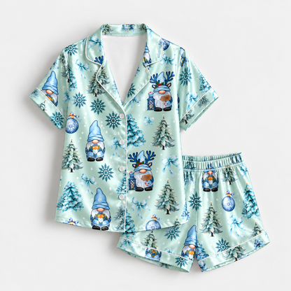 PJ-M2228-Christmas Pajama Set, Blue Gnome Reindeer Holiday Pajamas, Snowflake Christmas Tree Sleepwear, Winter Festive Family PJs
