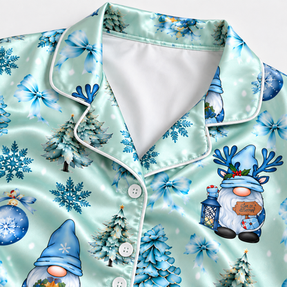 PJ-M2228-Christmas Pajama Set, Blue Gnome Reindeer Holiday Pajamas, Snowflake Christmas Tree Sleepwear, Winter Festive Family PJs