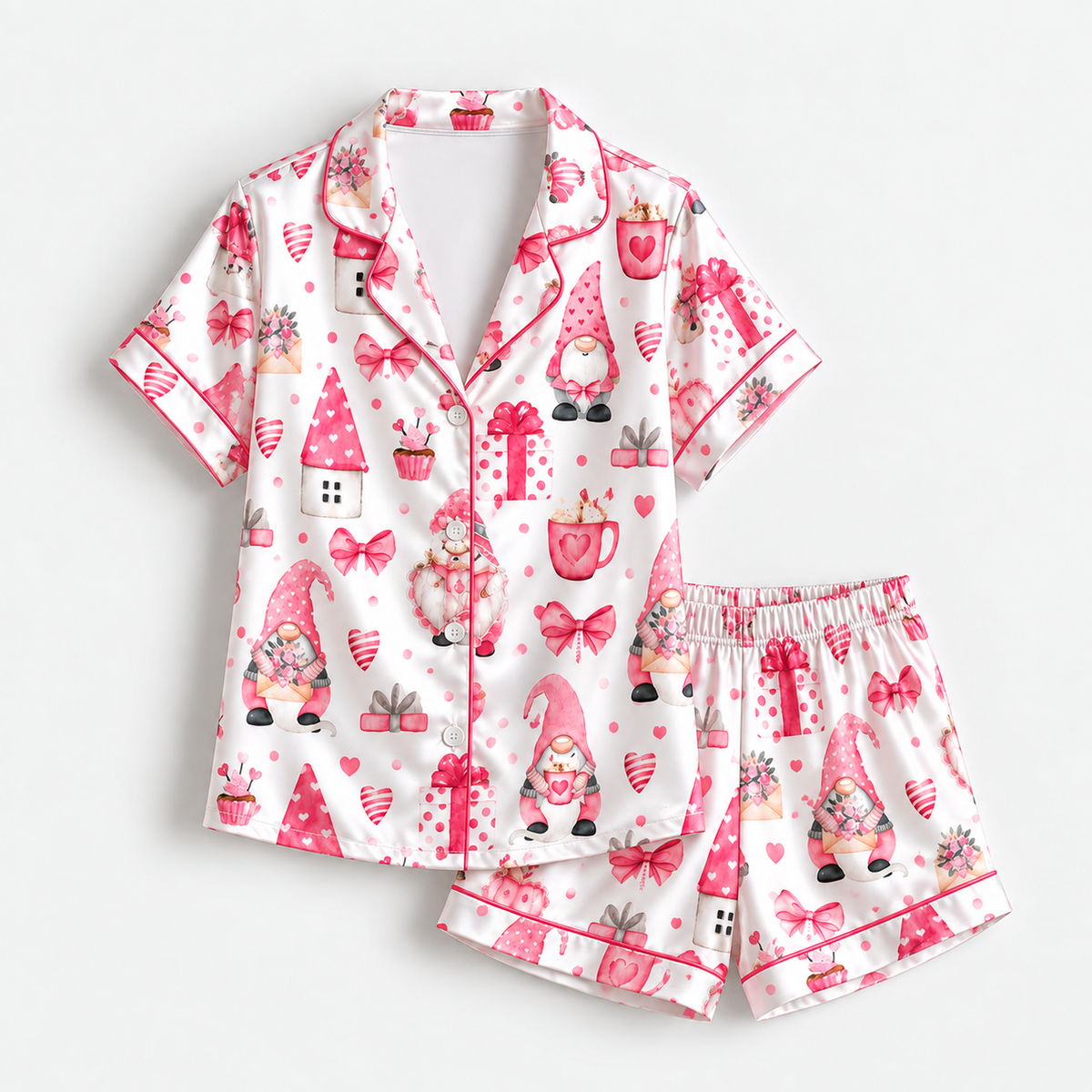 PJ-M2229-Pink Christmas Pajama Set, Gnome Bow Holiday Pajamas, Festive Gift Heart Sleepwear, Whimsical Christmas Morning Family PJs