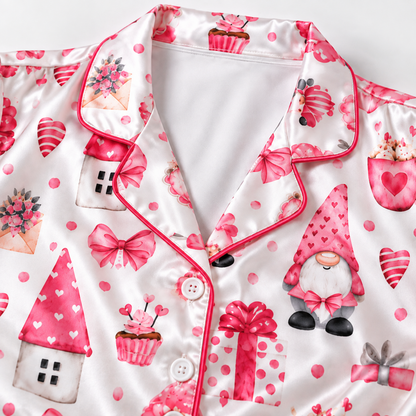 PJ-M2229-Pink Christmas Pajama Set, Gnome Bow Holiday Pajamas, Festive Gift Heart Sleepwear, Whimsical Christmas Morning Family PJs
