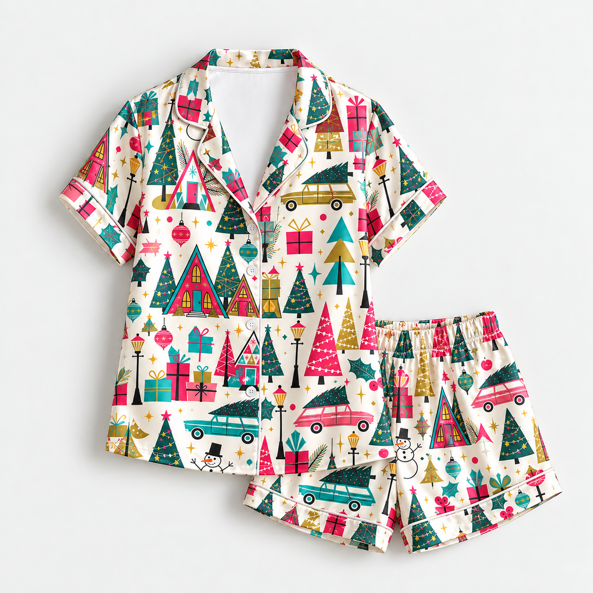 PJ-M2230-Retro Christmas Pajama Set, Colorful Holiday Village Pajamas, Christmas Tree Gift Car Pattern Sleepwear, Vintage Festive Family PJs