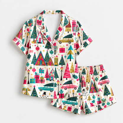 PJ-M2230-Retro Christmas Pajama Set, Colorful Holiday Village Pajamas, Christmas Tree Gift Car Pattern Sleepwear, Vintage Festive Family PJs
