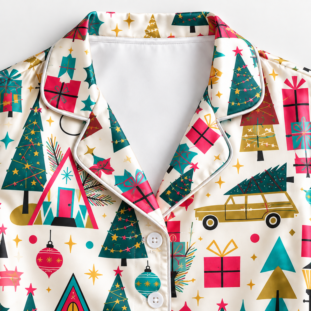 PJ-M2230-Retro Christmas Pajama Set, Colorful Holiday Village Pajamas, Christmas Tree Gift Car Pattern Sleepwear, Vintage Festive Family PJs