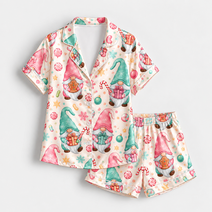 PJ-M2232-Christmas Gnome Satin Pajama Set, Gingerbread Candy Cane Gift Pastel Holiday Sleepwear