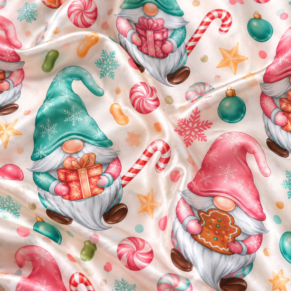 PJ-M2232-Christmas Gnome Satin Pajama Set, Gingerbread Candy Cane Gift Pastel Holiday Sleepwear