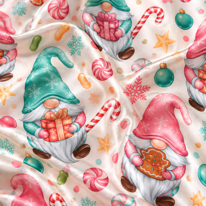PJ-M2232-Christmas Gnome Satin Pajama Set, Gingerbread Candy Cane Gift Pastel Holiday Sleepwear