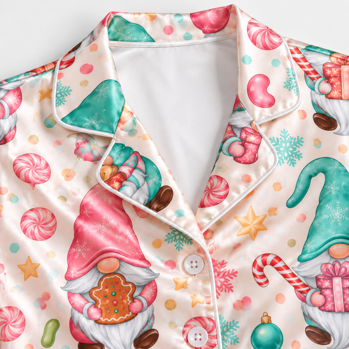 PJ-M2232-Christmas Gnome Satin Pajama Set, Gingerbread Candy Cane Gift Pastel Holiday Sleepwear